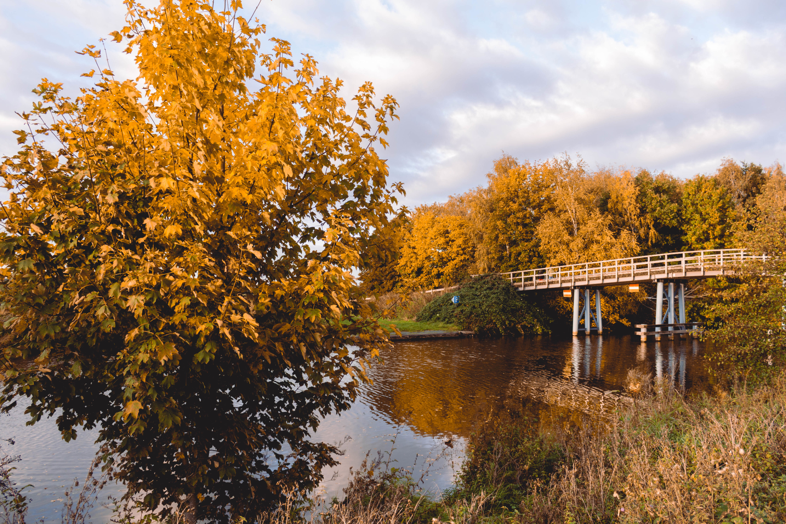 Eine Brücke über die Hamme im Herbst